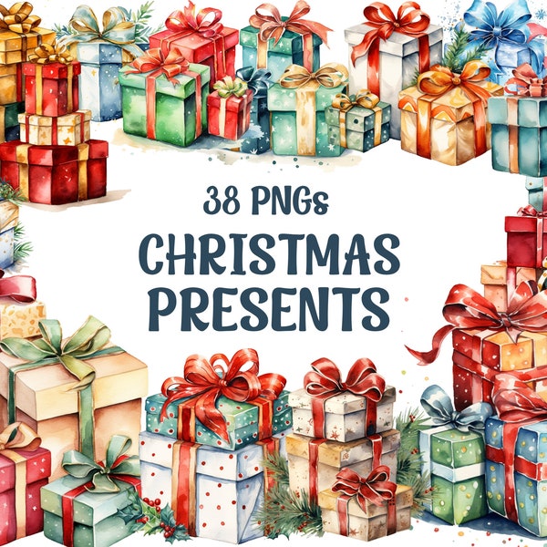 Aquarell Weihnachtsgeschenke Png, Geschenke Clipart, süße Geschenke Clipart, Png-Sublimationsdatei, transparenter Hintergrund, 38 Png Premium Bundle