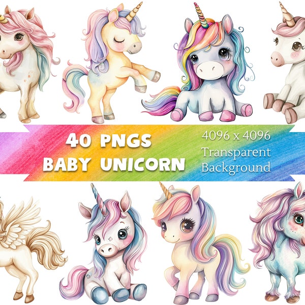 Watercolor Baby Unicorn Clipart, Cute Unicorn Clipart, Kids Designs, Pastel Unicorn, Baby Shower Decor, Commercial Use, 40 Pngs Bundle