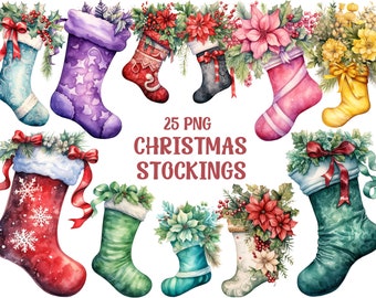 Watercolor Christmas Stocking Clipart, Christmas Socks Png, Holiday Clipart, Christmas Card Making, Transparent Background, 25 Png Bundle