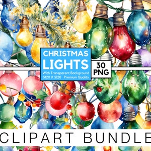 Aquarell Weihnachtslichter Clipart, Weihnachtsdekor, Urlaub Clipart, kommerzielle Nutzung, transparenter Hintergrund, 30 Png Premium Bundle
