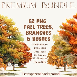 Watercolor Fall Trees and Bushes Clipart, Fall Tumbler Wrap, Watercolor Autumn, Transparent Background, 62 Png Fall Premium Bundle