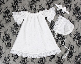 Baby Christening Gown, Baby Girl Baptism Dress, Newborn Christening Dress, Girls Blessing Gown, 3/4 Sleeve Lace Baby Dress, Birthday Gift
