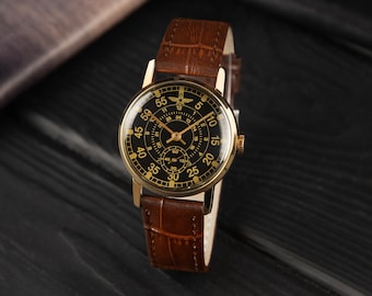 Orologio nero Pobeda Aviation, orologio vintage molto raro, regalo unico per gli uomini, orologio per uomini, orologio meccanico, regali pilota, regali vintage