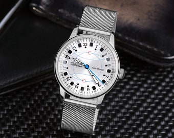 Herrenuhr Raketa Polar 24Hours, Uhr für Männer, mechanische Uhren, Geschenk für Männer, Armbanduhr, Vintage-Uhren, silberne Uhr, Geschenk für ihn
