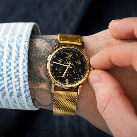 Vintage watch Masonic, Mechanical wrist watch Pob… - image 1