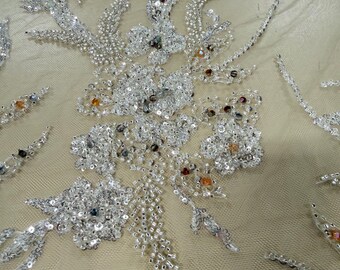 Closeout Nude Tulle with Silver Multi Sequins Fabric-Sequins Fabric-Apparel Fabric-Prom-Bridal Sequins