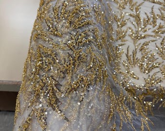 Closeout White Tulle with Gold Sequins Fabric-Sequins Fabric-Apparel Fabric-Prom-Bridal Sequins