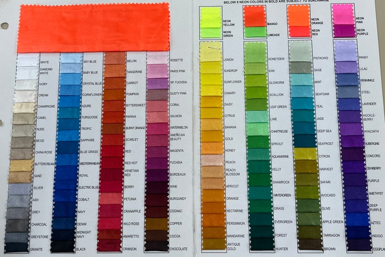 Pode incluir: Uma carta de cores com mais de 100 amostras de tecido em v&aacute;rias cores, incluindo branco, preto, vermelho, azul, verde, amarelo, laranja e roxo. A carta &eacute; etiquetada com os nomes das cores para cada amostra.