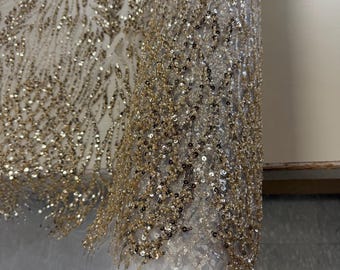Closeout White Tulle with Gold Sequins Fabric-Sequins Fabric-Apparel Fabric-Prom-Bridal Sequins