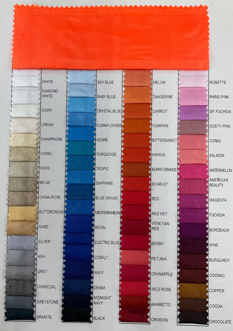 Pode incluir: Uma carta de cores com 10 colunas e 18 linhas de amostras de tecido. Cada amostra &eacute; etiquetada com um nome de cor, como "Branco", "Azul celeste", "Mel&atilde;o", "Roseta", "Branco diamante", "Azul beb&ecirc;", "Tangerina", "Rosa parisiense", etc.