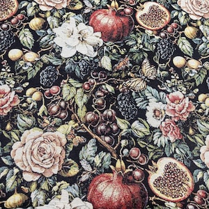 May include: A detailed textile pattern featuring a dark background with a tapestry of flowers, pomegranates, grapes, and butterflies. The design includes roses in shades of pink and cream, along with white flowers and ripe pomegranates. The overall aesthetic is a rich, vintage style.