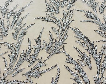 Closeout White Tulle with Silver Sequins Fabric-Sequins Fabric-Apparel Fabric-Prom-Bridal Sequins