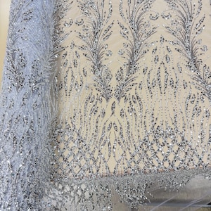 Closeout White Tulle with Silver Sequins Fabric-Sequins Fabric-Apparel Fabric-Prom-Bridal Sequins image 3