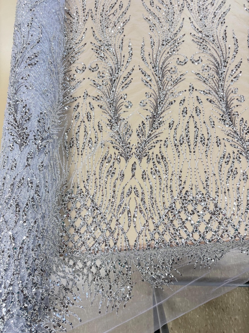 Closeout White Tulle with Silver Sequins Fabric-Sequins Fabric-Apparel Fabric-Prom-Bridal Sequins image 3