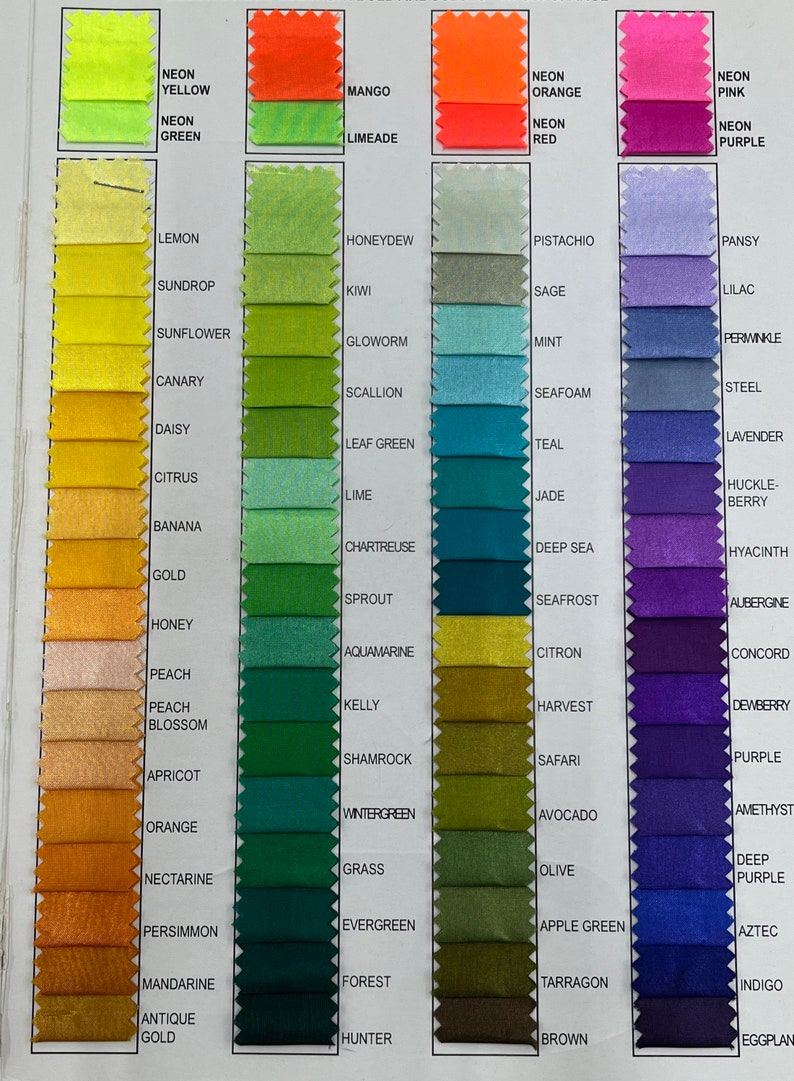 Pode incluir: Uma carta de cores com amostras de tecido em v&aacute;rios tons de amarelo, verde, laranja, vermelho, rosa e roxo. As amostras s&atilde;o etiquetadas com nomes como "Lemon", "Honeydew", "Pistachio", "Pansy", "Sundrop", "Kiwi", "Sage", "Lilac", "Sunflower", "Glowworm", "Mint", "Periwinkle", "Canary", "Scallion", "Seafoam", "Steel", "Daisy", "Leaf Green", "Teal", "Lavender", "Citrus", "Lime", "Jade", "Huckle-Berry", "Banana", "Chartreuse", "Deep Sea", "Hyacinth", "Gold", "Sprout", "Seafrost", "Aubergine", "Honey", "Aquamarine", "Citron", "Concord", "Peach", "Peach Blossom", "Kelly", "Harvest", "Dewberry", "Shamrock", "Safari", "Purple", "Apricot", "Wintergreen", "Avocado", "Amethyst", "Orange", "Grass", "Olive", "Deep Purple", "Nectarine", "Evergreen", "Apple Green", "Aztec", "Persimmon", "Forest", "Tarragon", "Indigo", "Mandarine", "Hunter", "Brown", "Eggplant", "Antique Gold".