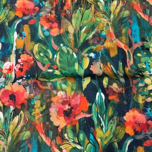 Floral Fabric-Floral Drapery-Upholstery Fabric-Upholstery-Watercolor Fabric-Drapery Fabric-Apparel Fabric-Color: Hunter/Teal