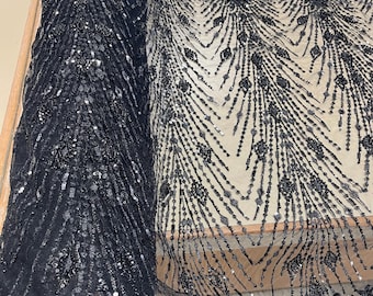 Closeout Black Tulle with Black Sequins Fabric-Sequins Fabric-Lace Fabric-Apparel Fabric