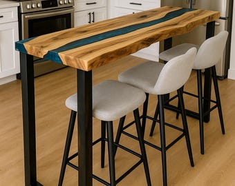 Live Edge Epoxy Resin Bar Table – Custom Walnut Kitchen Island with Metal Legs