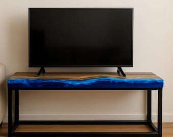 Walnut TV Stand with Blue Epoxy, Modern Media Console, Handmade Cabinet