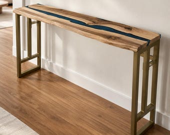 Blauwe epoxyhars walnoot consoletafel, salontafel met live-rand inkom