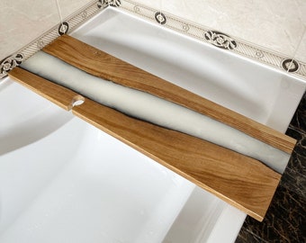 Wood epoxy bathtub tray, White shower shelf or bath caddy tray, Bathroom shower caddy