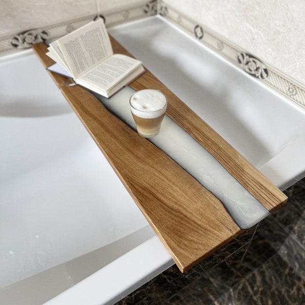 wood epoxy bathtub tray, shower shelf, bath caddy tray, shower caddy, bathroom caddy, best shower caddy, wooden bath tray, tub tray