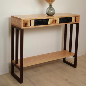 Wood Console Table with Drawers and Shelf – Handmade Black Epoxy Entryway Table