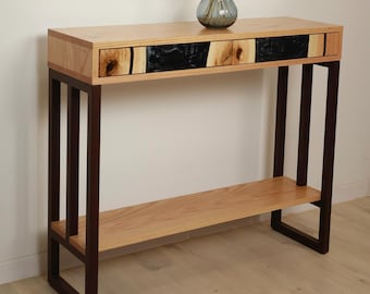 Wood Console Table with Drawers and Shelf – Handmade Black Epoxy Entryway Table