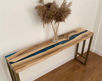 walnut media tv console, wood epoxy resin console, blue media console,narrow console cabinet,waterfall console handmade,rustic console table