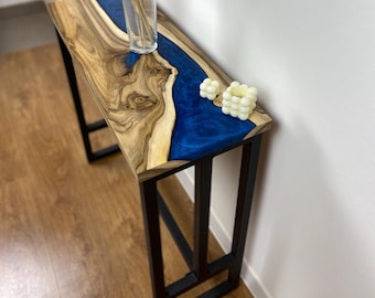 Epoxy Resin Wood Console Table, Live Edge Entryway Table, Narrow Walnut Sofa Table, Modern Bench, Handmade Furniture