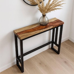 Walnut and  Bronze Epoxy Console Table, Live Edge Resin Furniture, Narrow Entryway or Hallway Table, Modern Wood Console with Metal Frame
