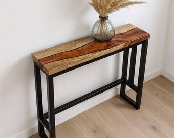 Walnut and  Bronze Epoxy Console Table, Live Edge Resin Furniture, Narrow Entryway or Hallway Table, Modern Wood Console with Metal Frame