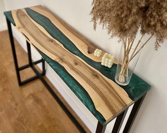 wood epoxy resin console table, media tv console, live edge narrow console table, tv stand, white waterfall console table, wooden table