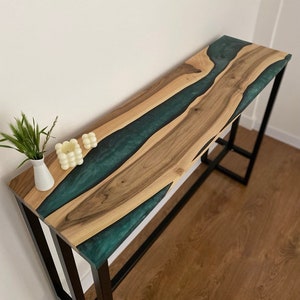 wood console table, live edge epoxy resin console table,tv media console,narrow rustic console table,waterfall console table modern,tv stand