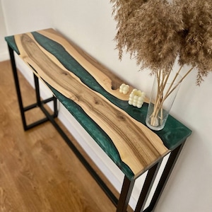 wood epoxy resin console table, media tv console, live edge narrow console table, tv stand, white waterfall console table, wooden table