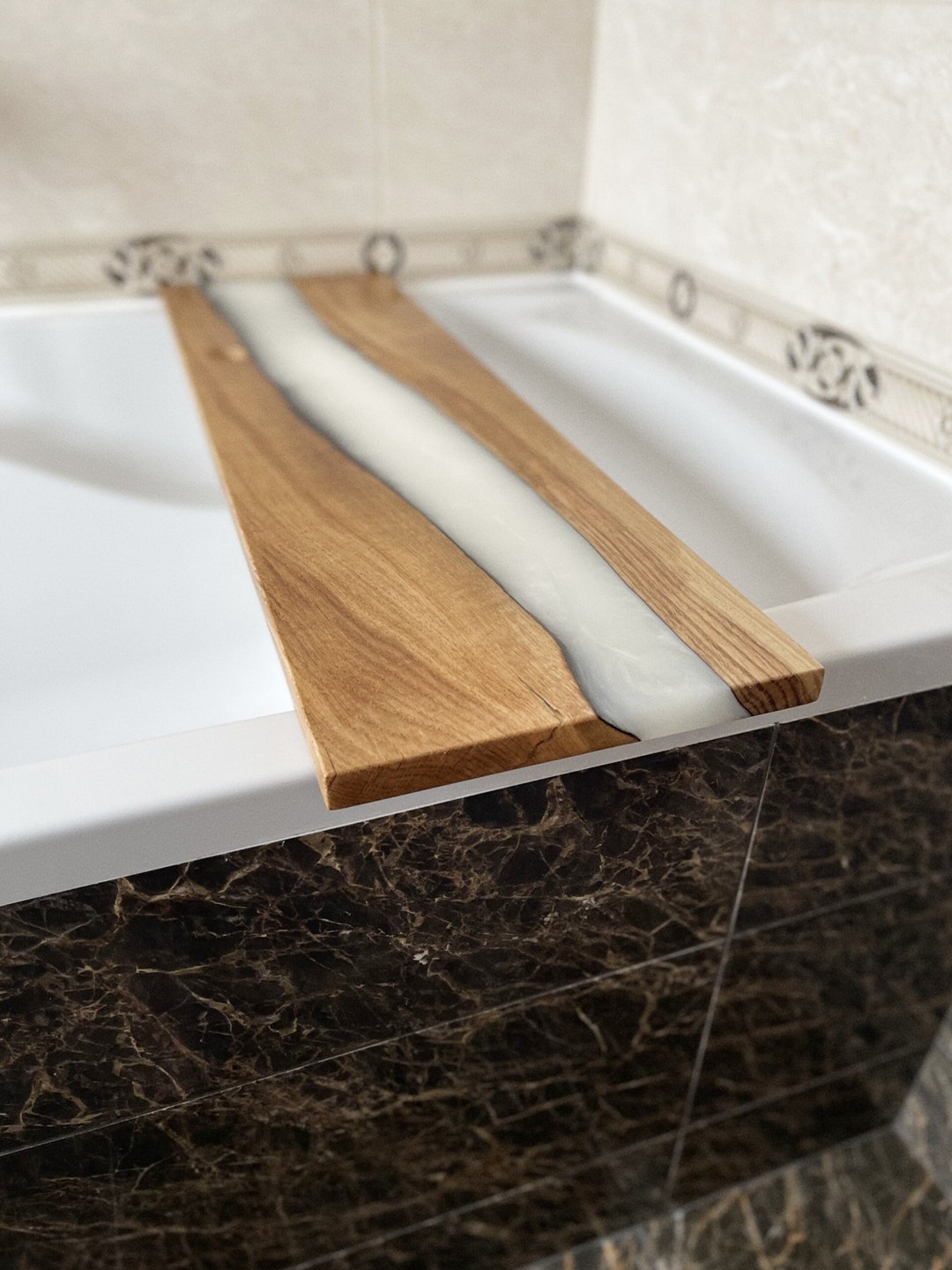 Wood Epoxy White Bathtub Tray Outdoor Shower Caddy Bathroom Etsy