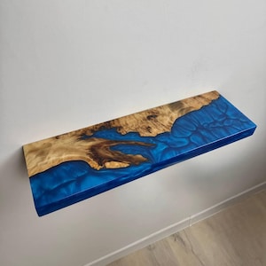 Live Edge Poplar Shelf with Blue Epoxy, Resin Wall Shelf 50x15 cm, Floating Wood Shelf, Handmade Epoxy Resin Shelf