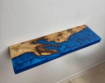Live Edge Poplar Shelf with Blue Epoxy, Resin Wall Shelf 50x15 cm, Floating Wood Shelf, Handmade Epoxy Resin Shelf