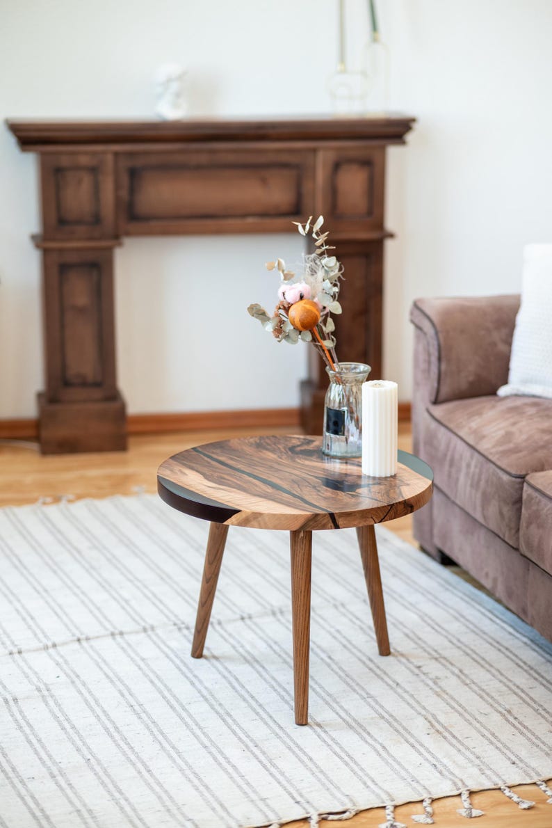 Handmade Round Walnut Coffee Table With Epoxy Resin Rustic Dark Wood