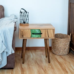 Bedside Table Set of 2 | Unique Mid Century Modern Wood Nightstand with Drawer | White Oak Epoxy End Table | Narrow Bedroom Furniture