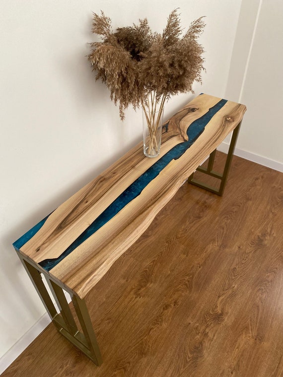 Walnut Live Edge Epoxy Console Table, Tall Narrow Entryway or Hallway Table, Long Resin Wood Sofa Table, Handmade TV Console
