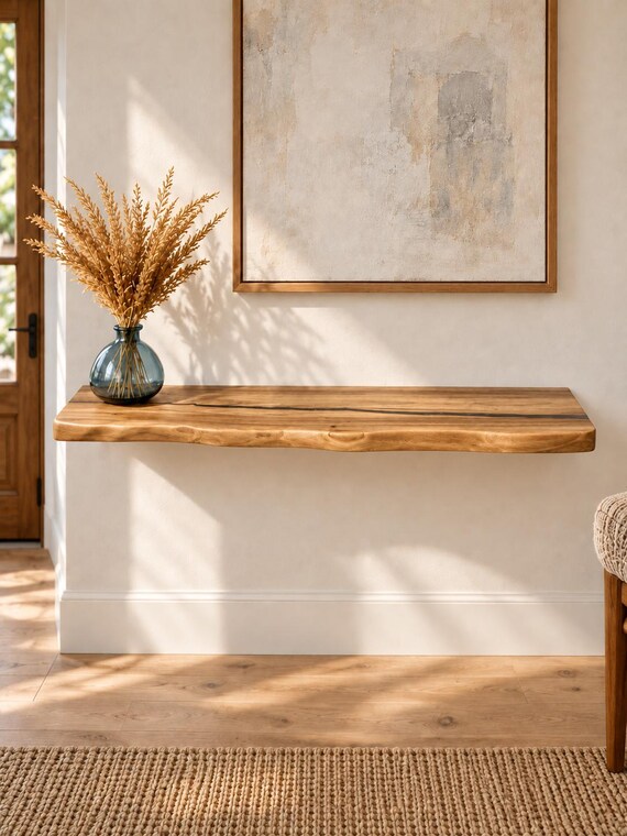 Live Edge Wood Shelf with Epoxy Resin, Rustic Floating Entryway Shelf, Custom Wall Decor