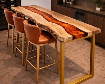 Walnut River Epoxy Bar Table, Live Edge Handmade Kitchen Island, Custom Resin Design