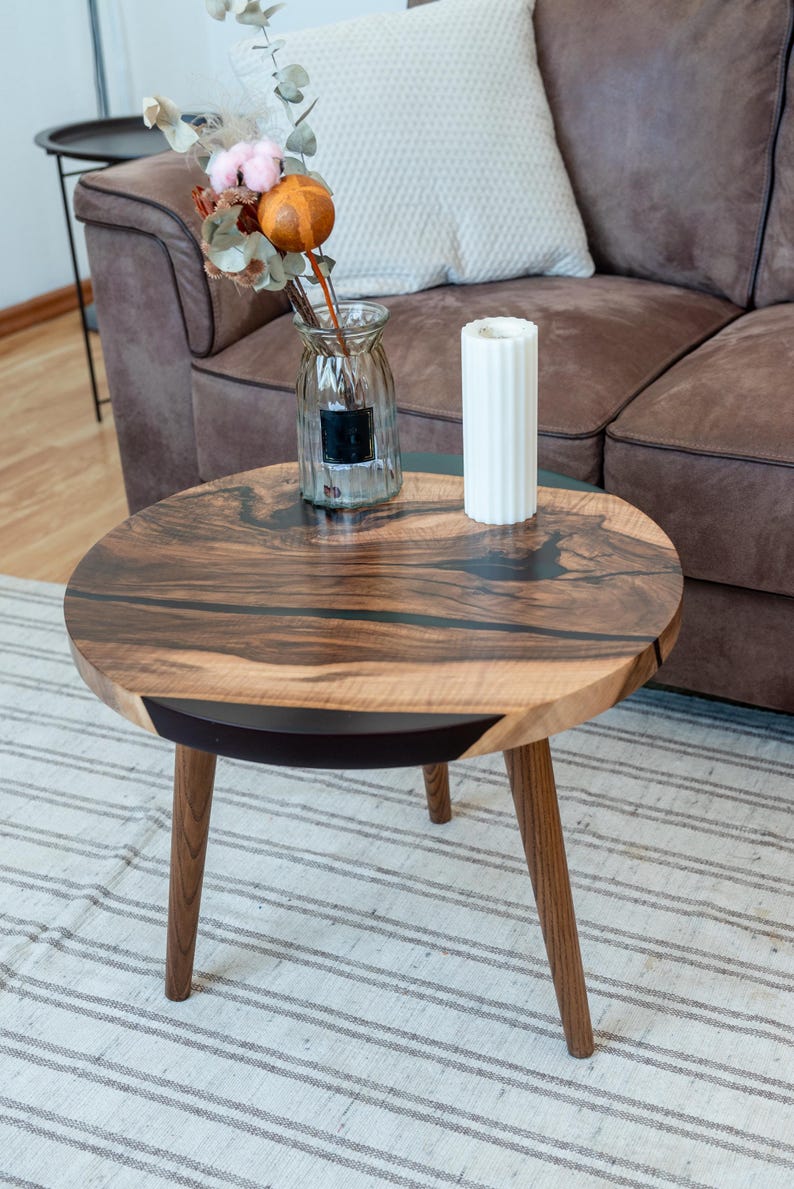 Handmade Round Walnut Coffee Table With Epoxy Resin Rustic Dark Wood