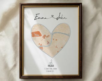 Prezent zaręczynowy dla pary, spersonalizowana mapa miasta w akwarelach, wersja cyfrowa