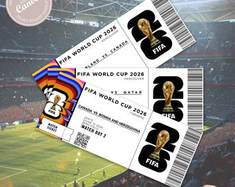 Personalizowany bilet Canva na Mistrzostwa Świata 2026 | Voucher na dzień meczu piłki nożnej | Edytowalny prezent urodzinowy (do pobrania w wersji cyfrowej)