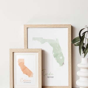Impression de carte aquarelle personnalisée | Carte personnalisée de la ville natale et du pays | Cadeau pour un ami, pendaison de crémaillère, oeuvre d'art murale États-Unis Royaume-Uni Europe