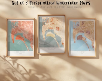 Zestaw 3 spersonalizowanych map miast w formie akwareli, spersonalizowana grafika ścienna (do pobrania w wersji cyfrowej)