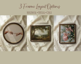 Zestaw 3 makiet ramek w stylu antycznym z drewna, 3 układy ramek (poziomy, pionowy i okrągły), PSD / Canva