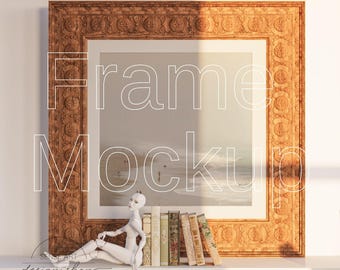 Antique Wooden Square Frame Mockup | Artwork Display & Wall Art Mockup | Simple Print Poster Mockup Template